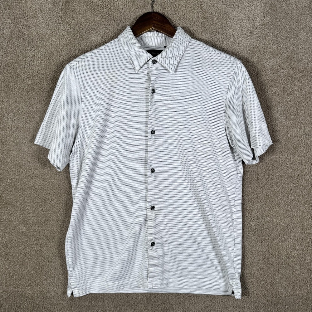 Theory Shirt Mens Small White Multi Dot Knit Short Sleeve Button Up Casual